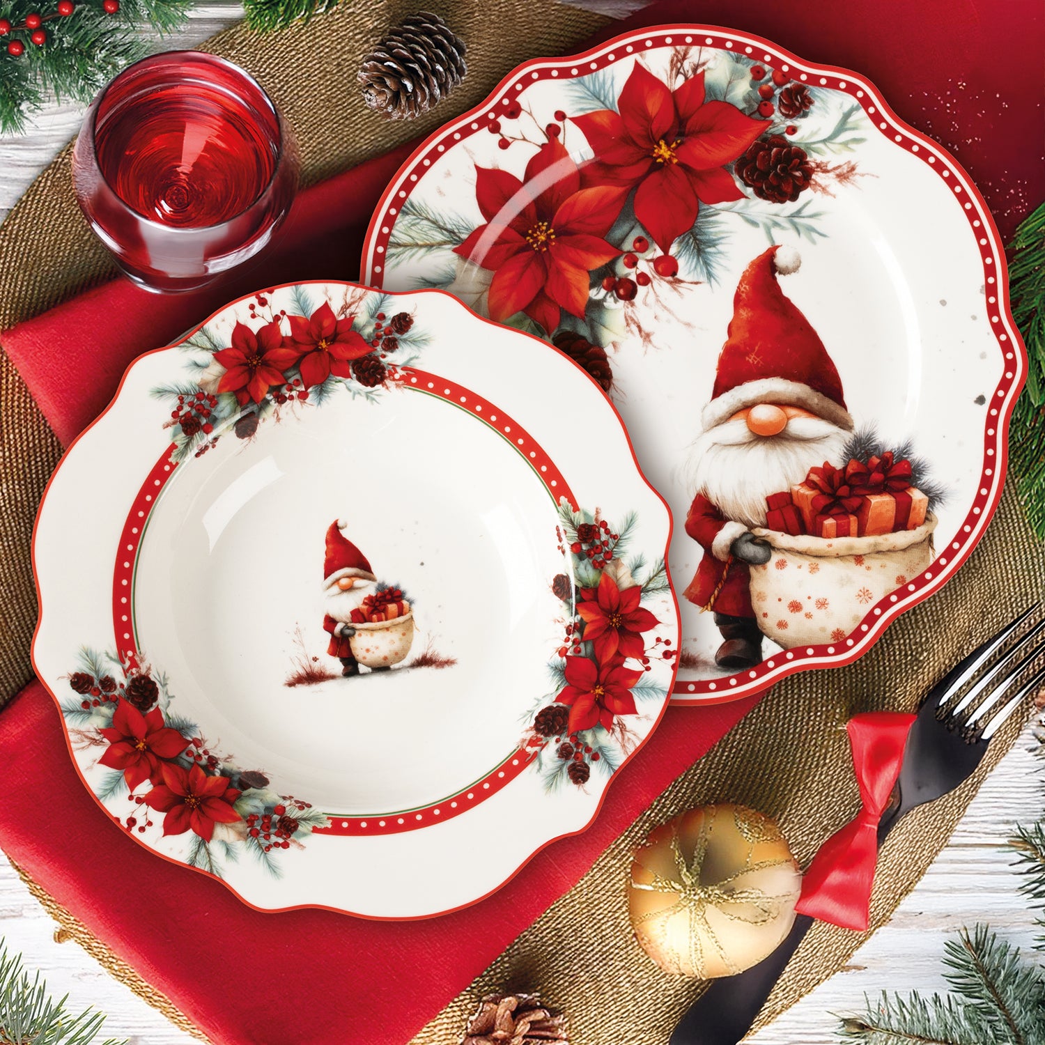 VESTIAMO CASA GRAN NATALE - Servizio di piatti Festive Gnome in New Bone China 18 pezzi